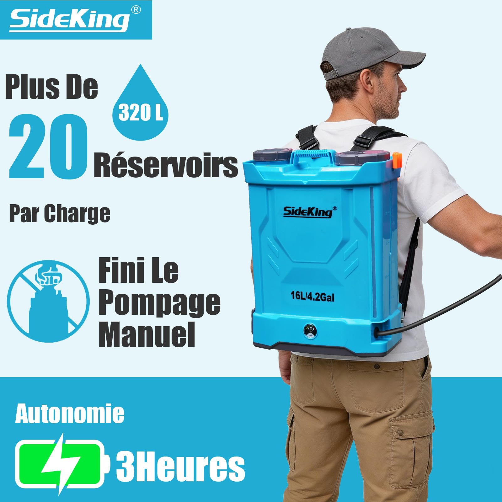 SideKing Pulvérisateur Électrique à Dos 16L, Pulvérisateur de Jardin Pression Réglable Jusqu’à 8,3 Bars, 2 Lances, Dossier Ergonomique, 5 Buses, Pulvérisateur Toiture Nettoyage Anti-Mousse & Façade