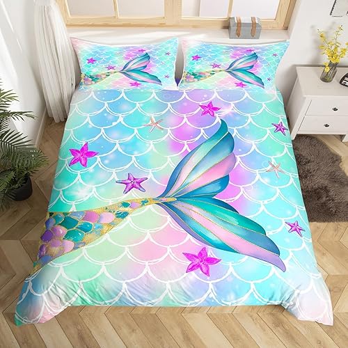 Miniatura 3 de Erosebridal Funda de edredón de sirena arcoíris con cola de sirena, juego de ropa de cama para niñas, juego de ropa de cama con estampado de conchas
