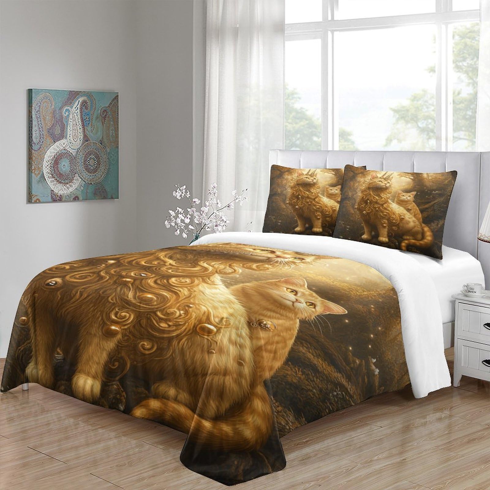 Fantasia del gatto dorato Impressione 3D 3 pz fodera per edredone arte di creature mitiche coperteletto microfibra ipoallergenica antiacari per ragazzi uomini adulti King（220x240cm）