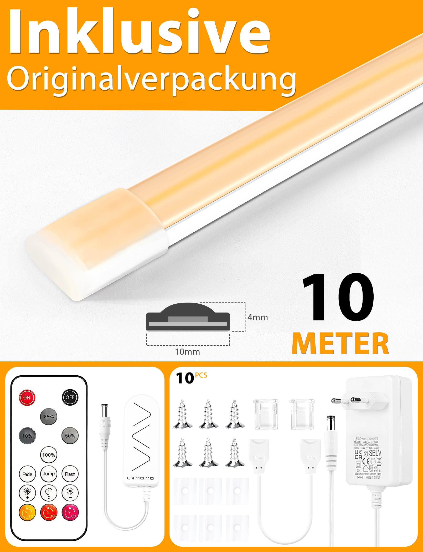 Lamomo COB LED Streifen 10M Warmweiss Dimmbar Neon Led Leiste Wasserdicht 3000K Fernbedienung Silikon Flexibel Band CRI90+