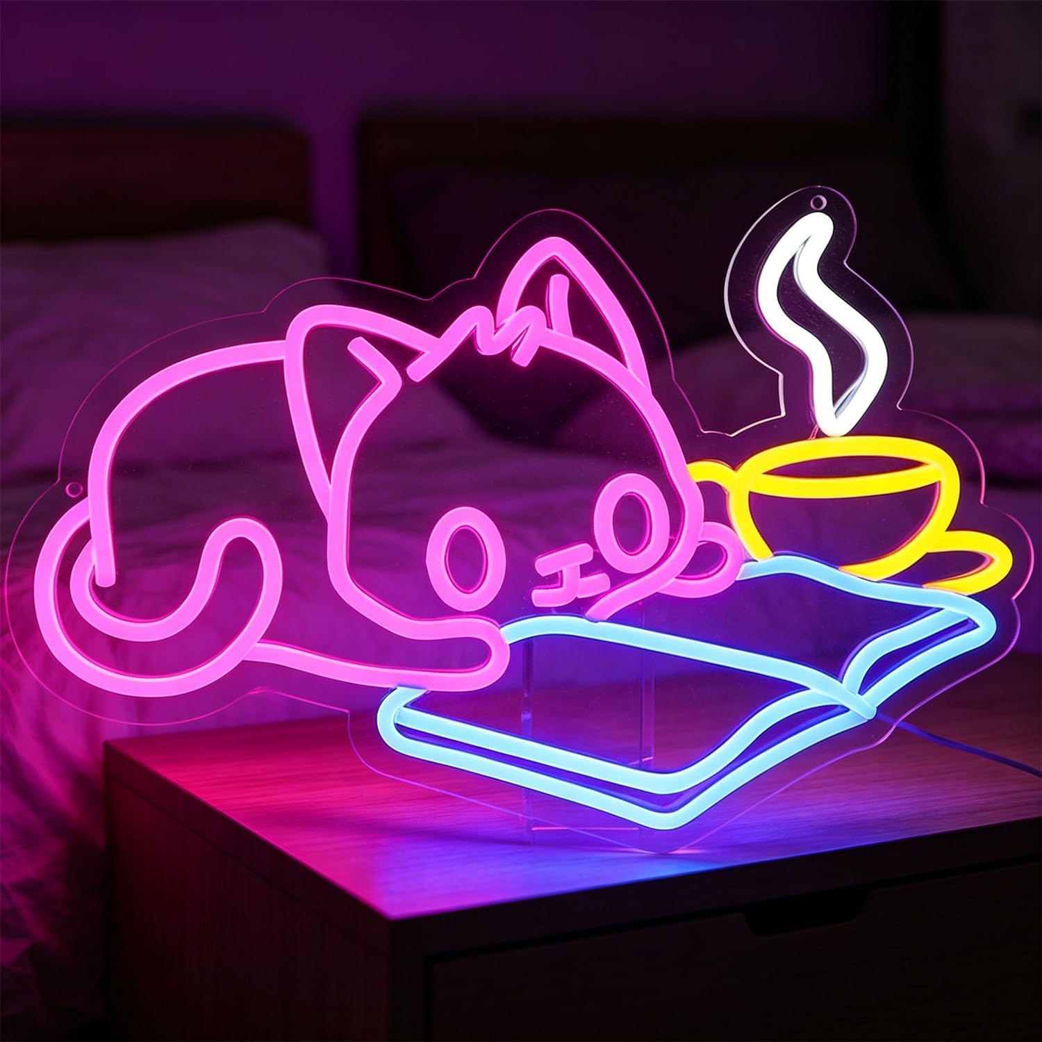 Cat Reading Book Neon Sign LED Neon Cat Sign Light Up for Wall Decor, Dimmable USB Powered Neon Light for Classroom Reading Cafe Corner Bedroom Study Room Home Book Club Motivational Wall Art 16”x10”