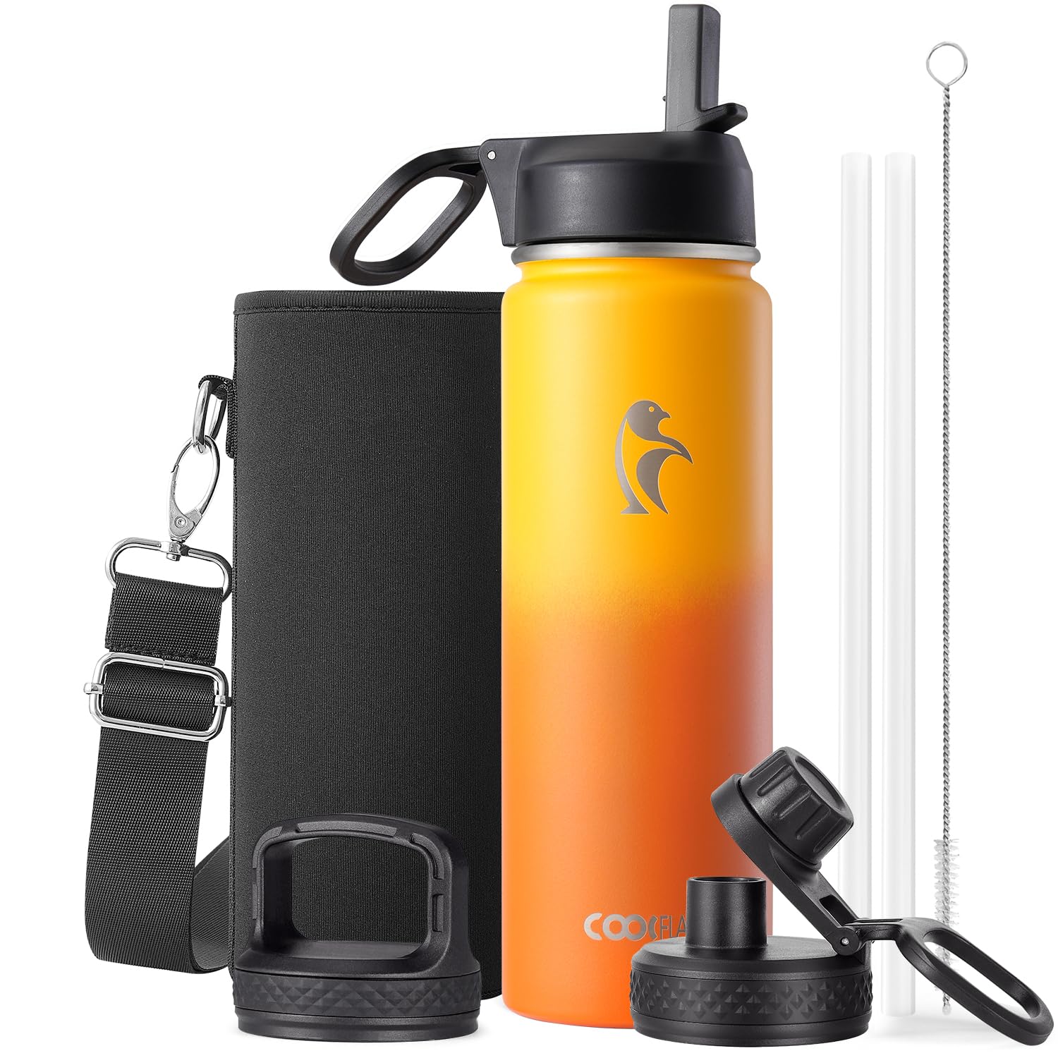 Coolflask Borraccia termica con cannuccia, in acciaio inox, con 3 coperchi, imboccatura larga, per sport o ufficio, senza BPA, mantiene il freddo fino a 48 ore o caldo fino a 24 ore, giallo/arancione