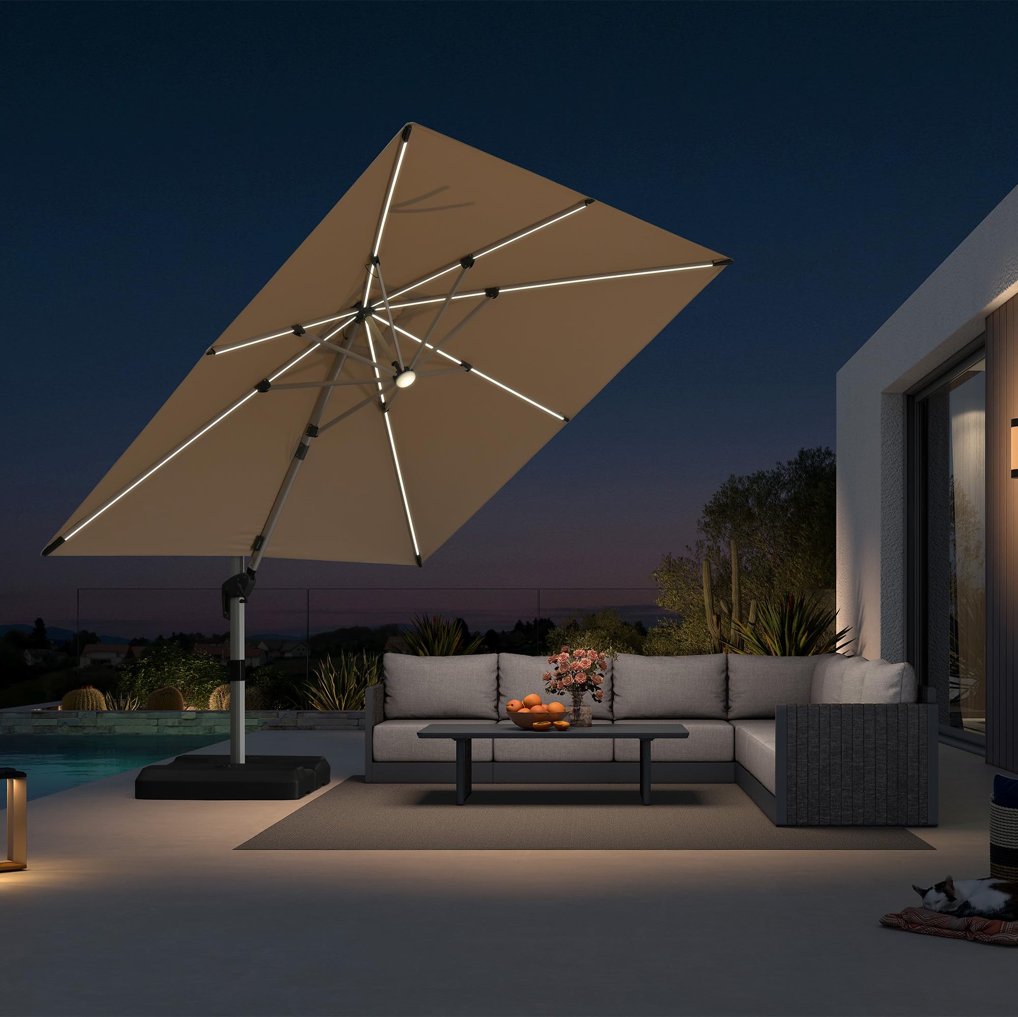 PURPLE LEAF 10 Feet Patio Umbrella with Lights Outdoor Square Cantilever