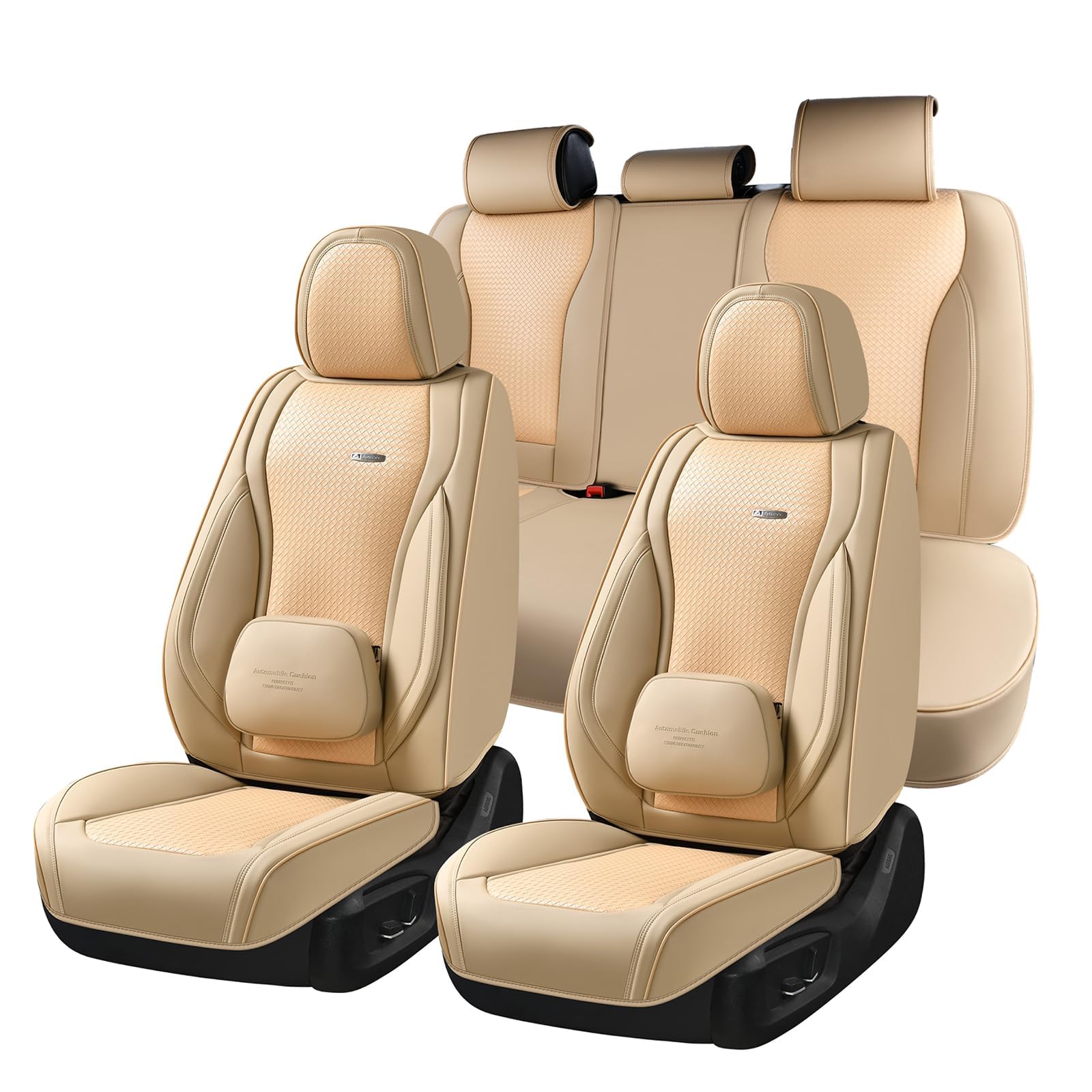 Coverado Car Seat Covers Full Set, Beige Seat Covers for Cars, Waterproof Nappa Leather Automotive Seat Covers with Lumbar Head Pillow, Car Seat