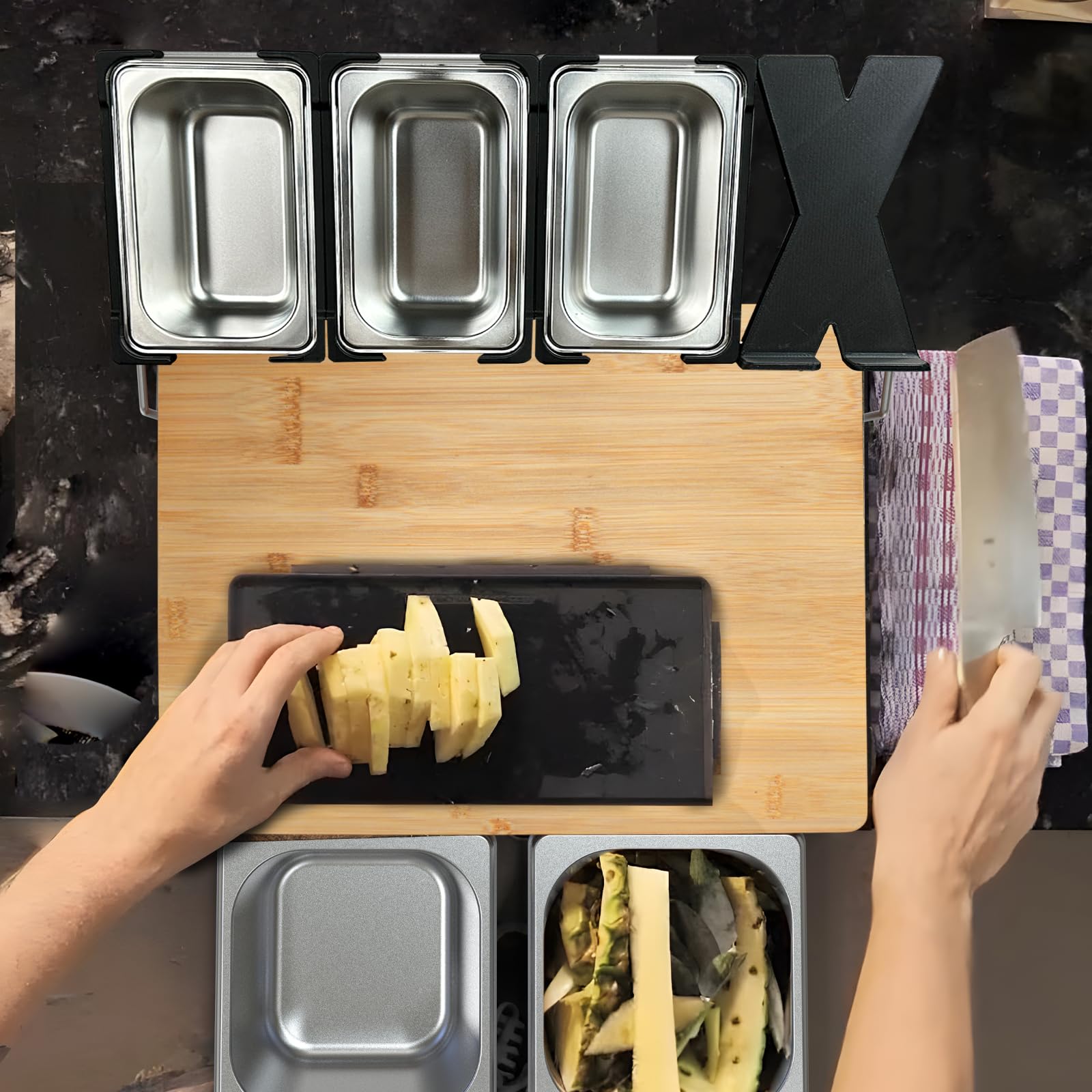 Tabla de cortar con bandeja colectora de madera de bambú orgánico, tabla de cortar extra grande y extensible, incluye 5 cajas de almacenamiento de alimentos de acero inoxidable y 1 soporte para
