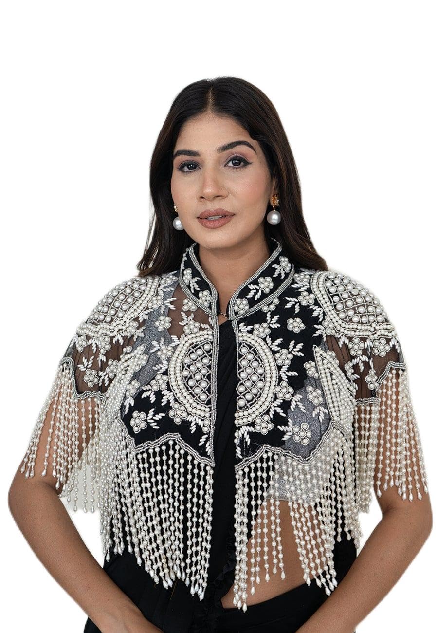 SANA FASHION Women's Handmade Pearl Beaded Net Cape Shrug-image-0