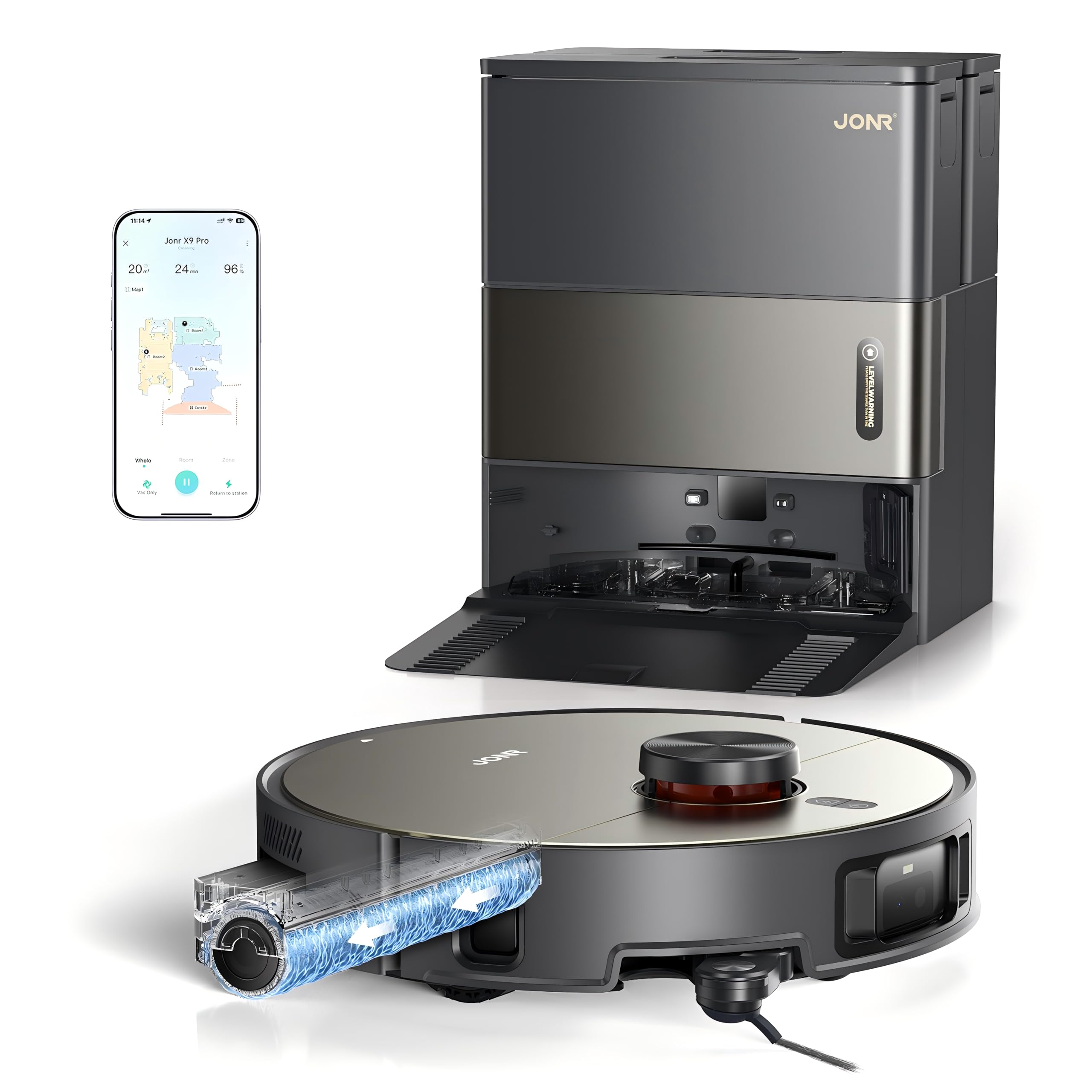 JONR 20000 Pa X9 Pro Roller Mop Roller Robot Vacuum Cleaner with Mop Function, Continuous Fresh Water Self-Cleaning, Mop Wash with 40-75°C Hot Water, AI Obstacle Avoidance