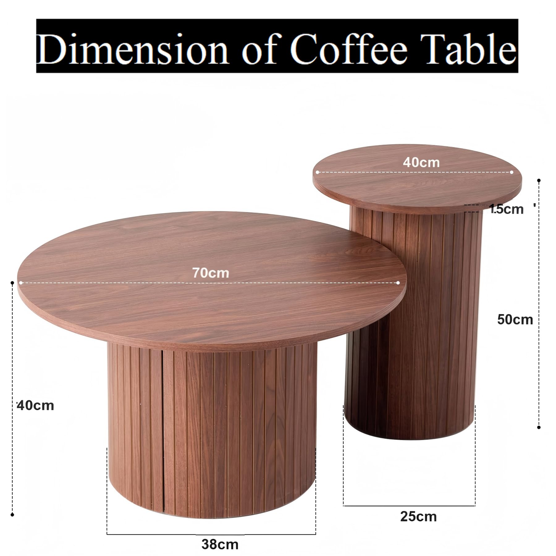 Set di 2 Tavolini da Caffè Rotondi Impilabili con Base Cilindrica; Tavolino Moderno con Piano in MDF e Base a Doghe in Legno (Noce/Vinatura legno)