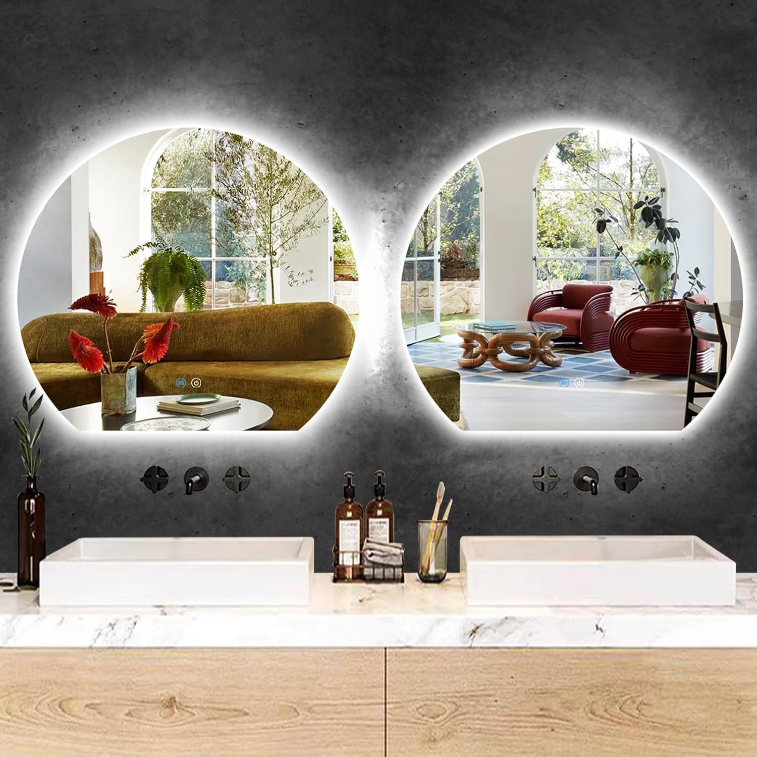 24 Inch Half Moon Round LED Mirror with Lights Smart Memory 3 Color Backlit Dimmable Anti-Fog 24 Semi Half Circle Round Undercut Lighted Vanity Mirror for Bathroom Makeup Wall Tabletop