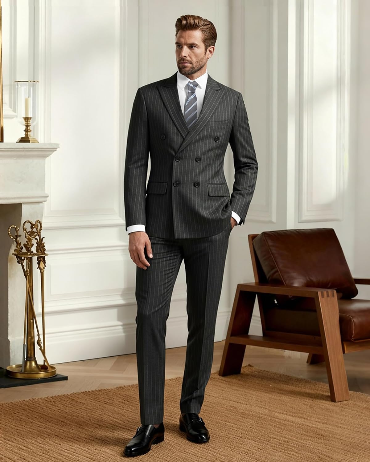 YND Men's 2 Piece Double-Breasted Suit, Slim Fit Stripe Tuxedo Set with Tie, Party Wedding Dress Blazer, Tux and Trousers - Image 3