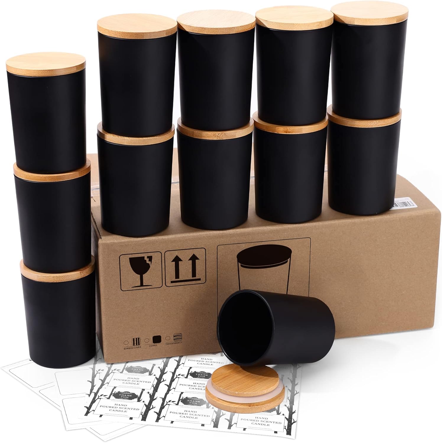 12 Pack, 10 oz Black Candle Jars with Bamboo Lids and Sticky Labels, Empty Glass Candle Jars for