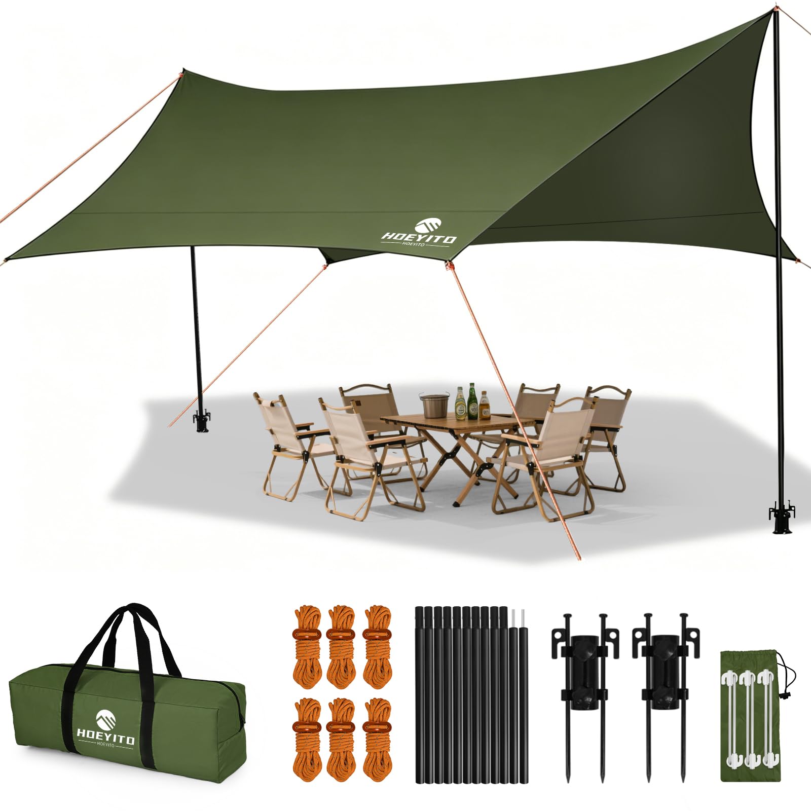 Camping Tarp with Poles & Retainer, 15x12.5FT Large Waterproof 210D Oxford Cloth Camping Canopy, Anti-UV UPF100+ Camping Awning Tent Tarp Car Awning for Outdoor, Picnic, Car, Hammock (Army Green)