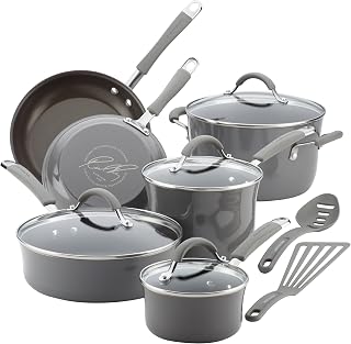 Rachael Ray Cucina 12-Piece Nonstick Cookware Set, Sea Salt Gray - Durable Pots & Pans Oven Safe to 400°F