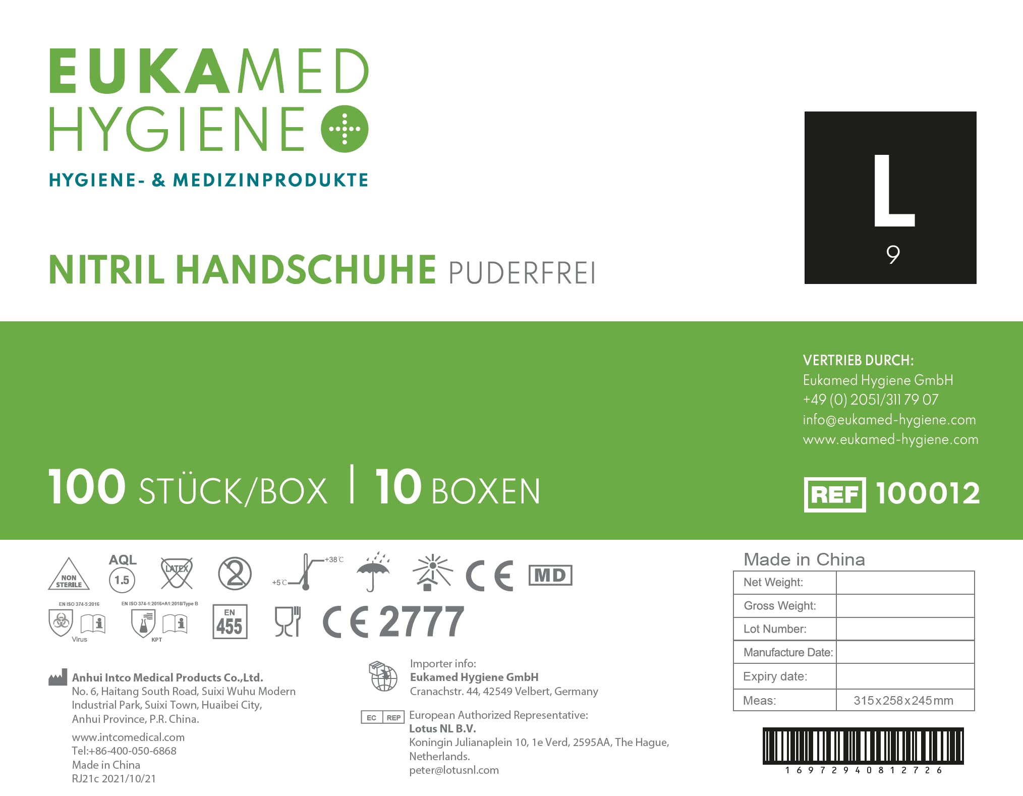 Nitril-Handschuhe L, 1000 Stück, puderfrei, latexfrei, hypoallergen, Lebensmittelhandschuhe, medizinische Einweghandschuhe (Karton mit 10 Pack á 100 Stück)(Größe L)