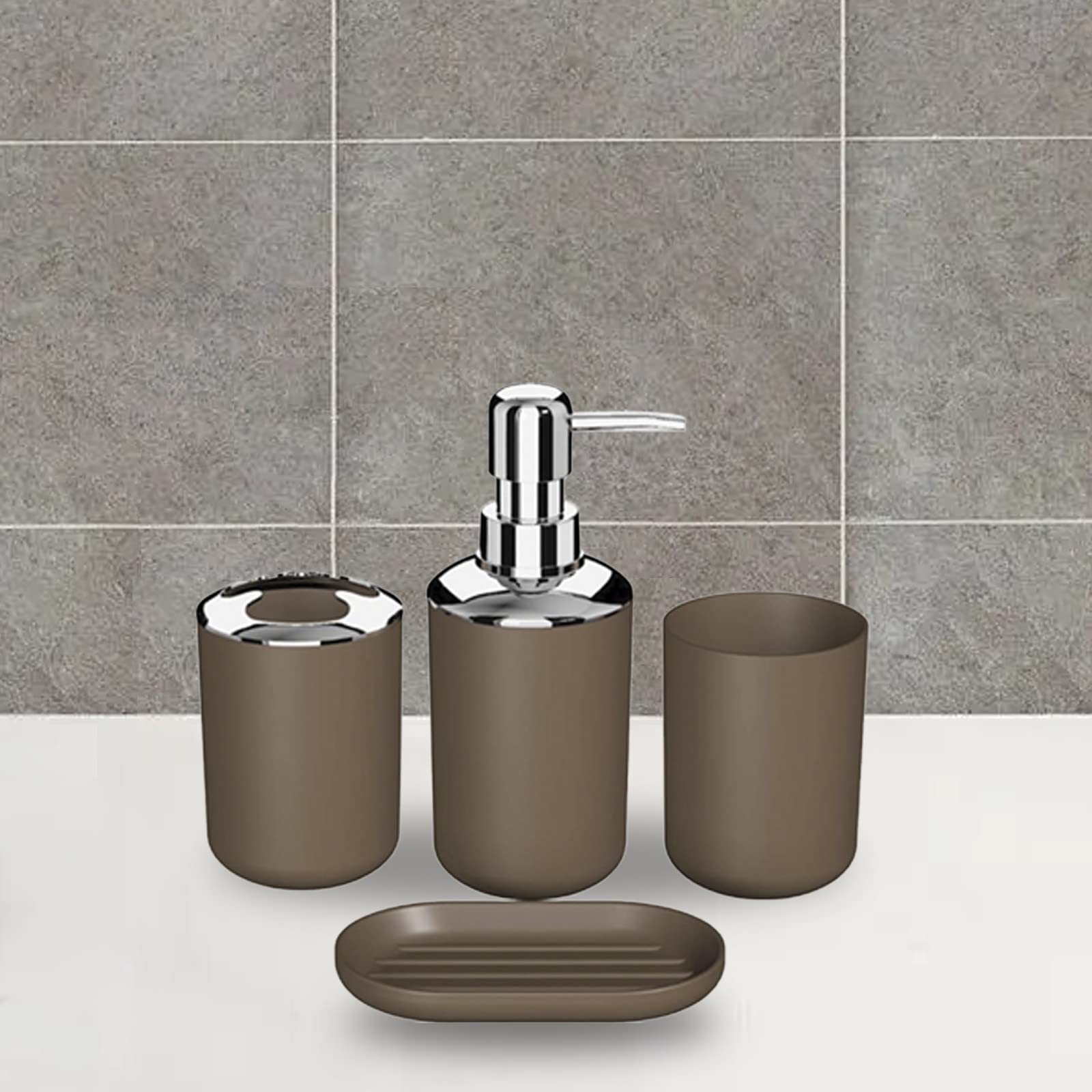 Hosoncovy 4 Pieces Bathroom Accessory Set including Soap Dispenser, Bathroom Cup, Soap Dish ,Toothbrush and Toothpaste Holder (Brown) - Image 4