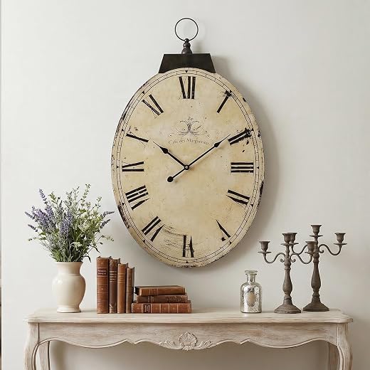29 Inch Vintage Yellow Oval Wall Clock, Silent Non Ticking Quartz Battery Operated Wall Clock, Large Roman 29 Inch Vintage Yellow Oval Wall Clock, Silent Non-Ticking Quartz Battery Operated Wall Clock, Large Roman Numerals Farmhouse Wall Clocks for Living Room, Kitchen, Bedroom, Office