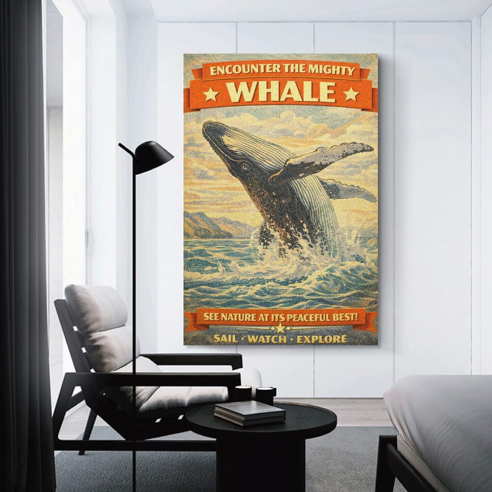 Junmoney Mighty Whale Jumping Out of Water Vintage Decorative Wall Artwork 08x12inch(20x30cm), for Living Room, Bedroom, Office Or Hallway, Decorative Artwork with Broad Appeal
