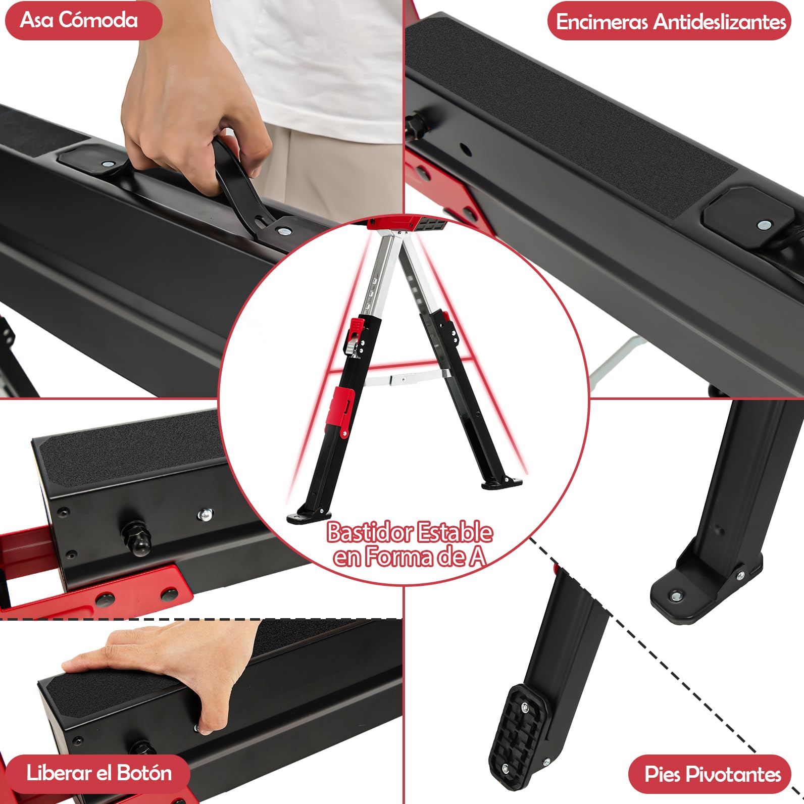 GYMAX Juego de 2 Caballete de Trabajo de Altura Ajustable, con Soporte Antideslizante, Soporte Plegable con Práctica Asa, Soporta hasta 1180 kg, Color Negro y Rojo