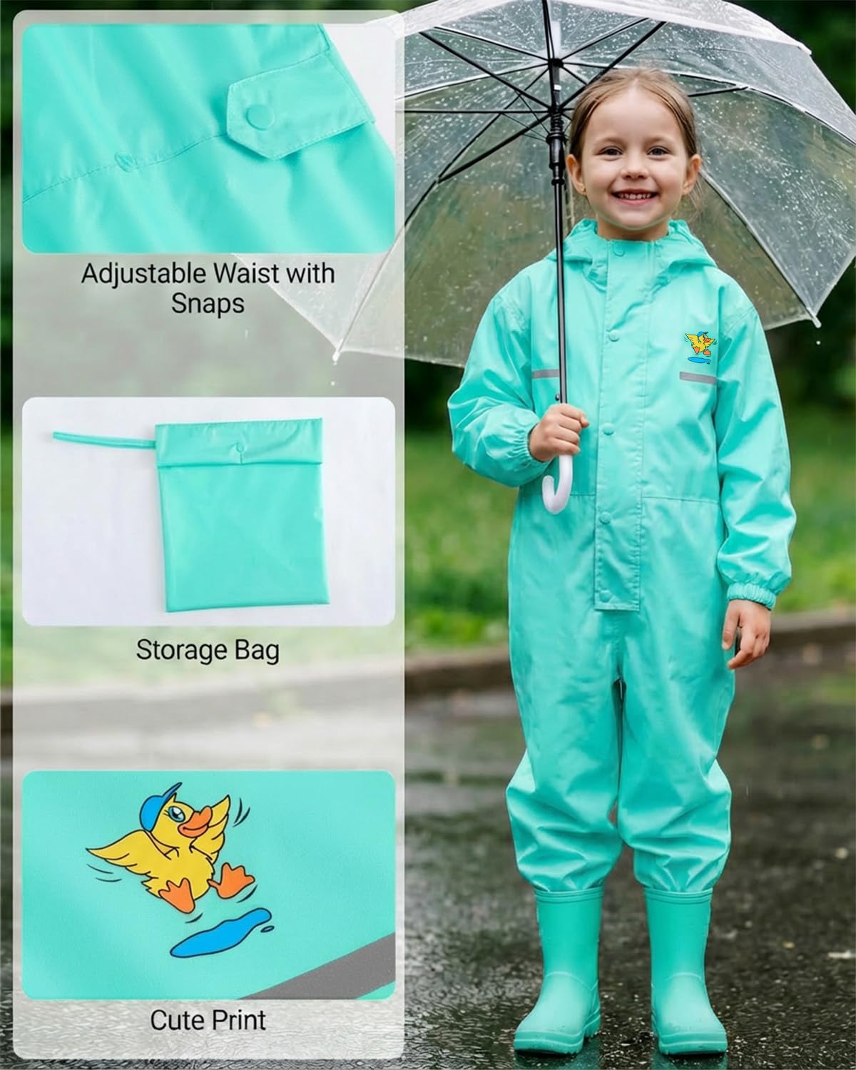 JiAmy Combinaison imperméable pour fille et enfant, imperméable à l'eau pour fille avec capuche et rayures réfléchissantes, vêtements de pluie pour l'école et le jeu vert pour 10-12 ans