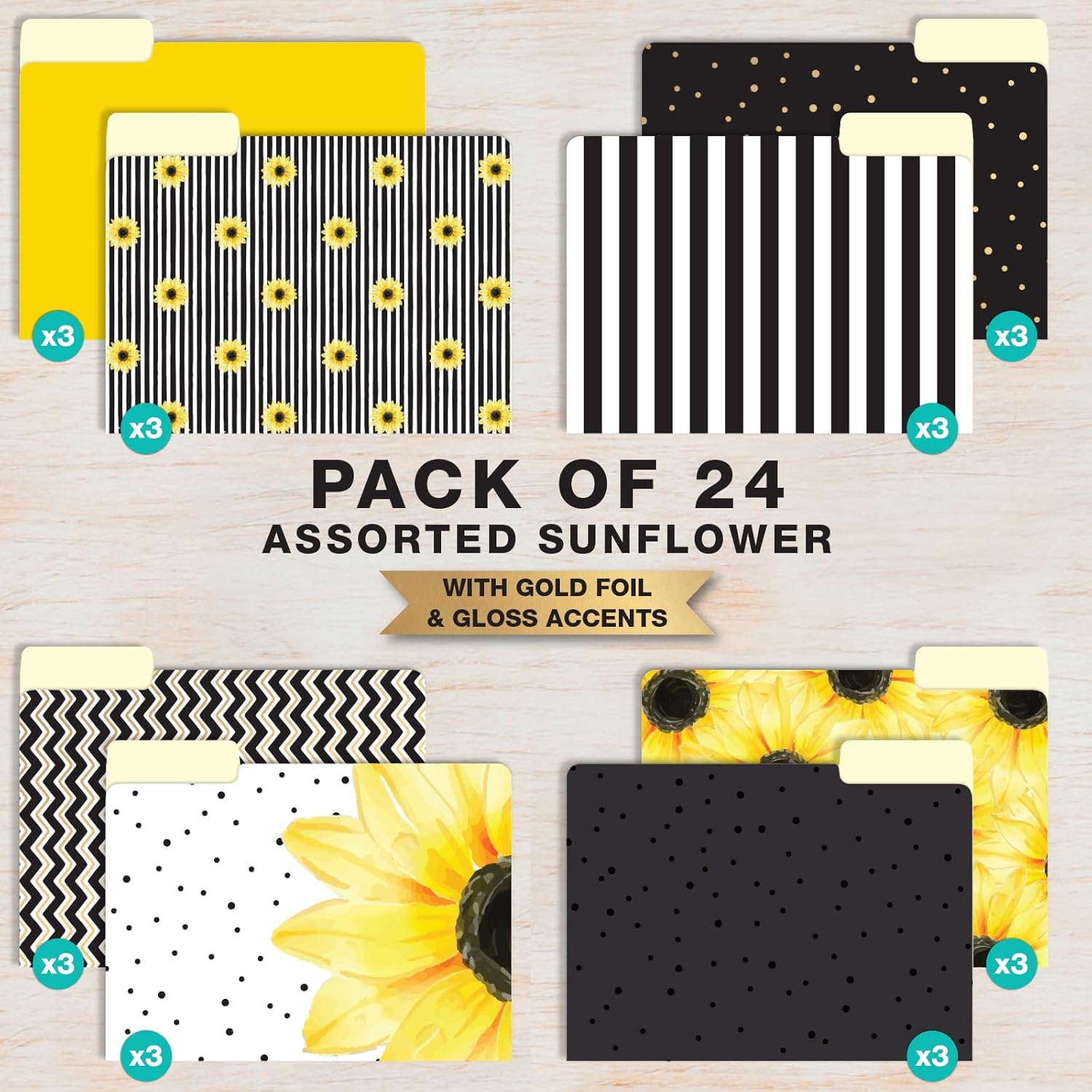 Global Printed Products Deluxe Designer Printed File Folders, 1/3 Cut Tab, Assorted Positions, Letter Size, 24/pk (Sunflower)