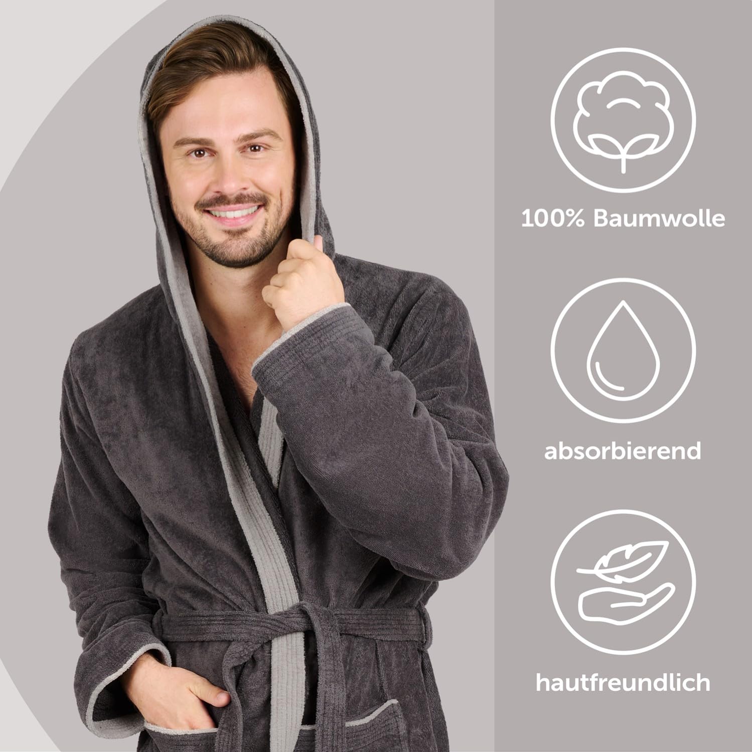 Blumtal Bademantel Herren, kuschelig weicher Bademantel Herren mit Kapuze aus 100% Baumwolle mit gefütterter Kapuze und samtigen Frottee - Velours, Oeko-TEX® Zertifizier