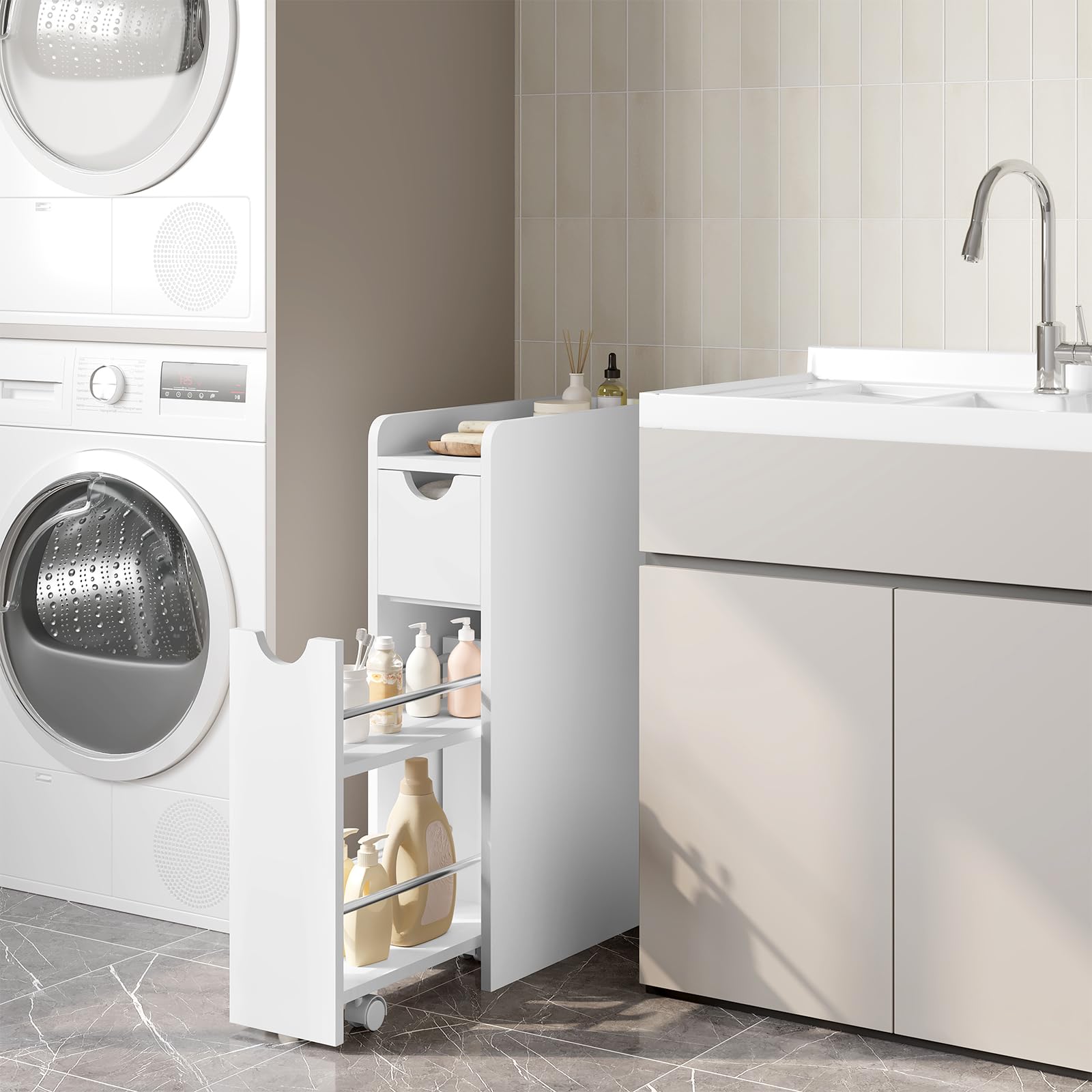 EUGAD Meuble Salle de Bain, Armoire Salle de Bain Étroite, avec 2 Tiroirs, en Bois d'Ingénierie, Blanc, 19x45x70cm