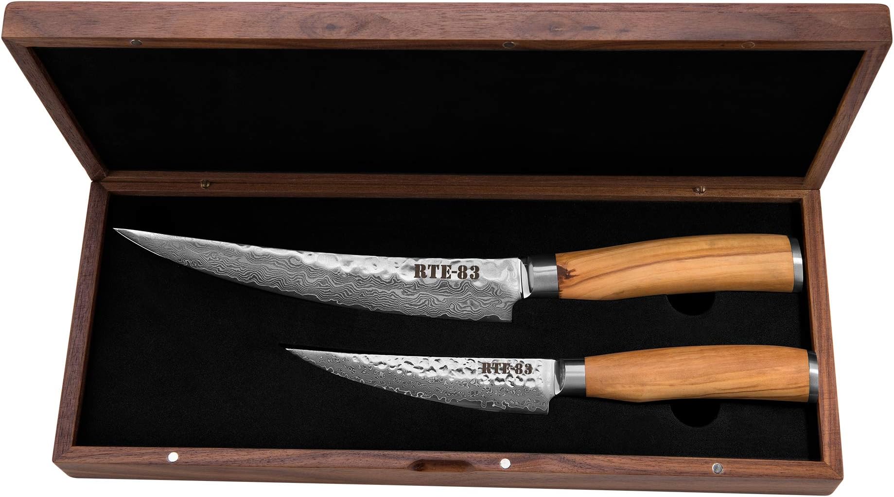 Route83 Signature Prime Rib/Brisket Damascus Steel Two Knife Boning/Trimming Set Italian Olive Wood Handles