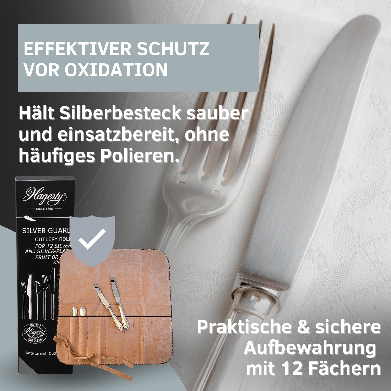 Hagerty Silver Guard Cutlery Roll Bestecktasche für Silber und Versilbertes 43,5 x 45 cm Silberbesteck-Aufbewahrung mit Anlaufschutz Besteckhalter für Obst- & Fischmesser mit 12 Fächern A119006