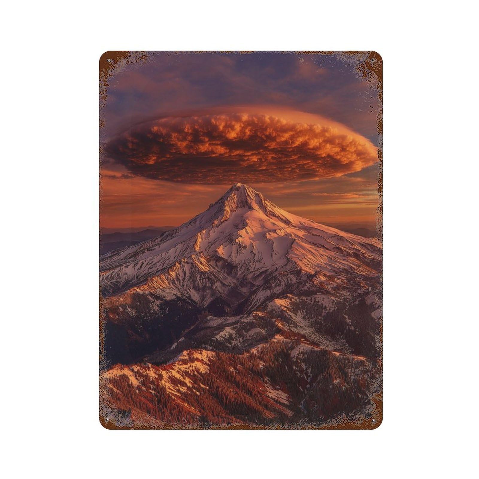 Mountain Sunset with Clouds Distressed Metal Wall Sign 15.7"x11.8", Ideal for Cafe, Home Bar And Lounge Decor