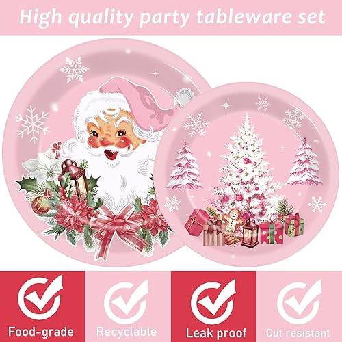 Miniatura 3 de Juego de vajilla rosa para fiesta de Navidad, 96 piezas, suministros de fiesta de copos de nieve de Papá Noel, platos desechables para árbol de