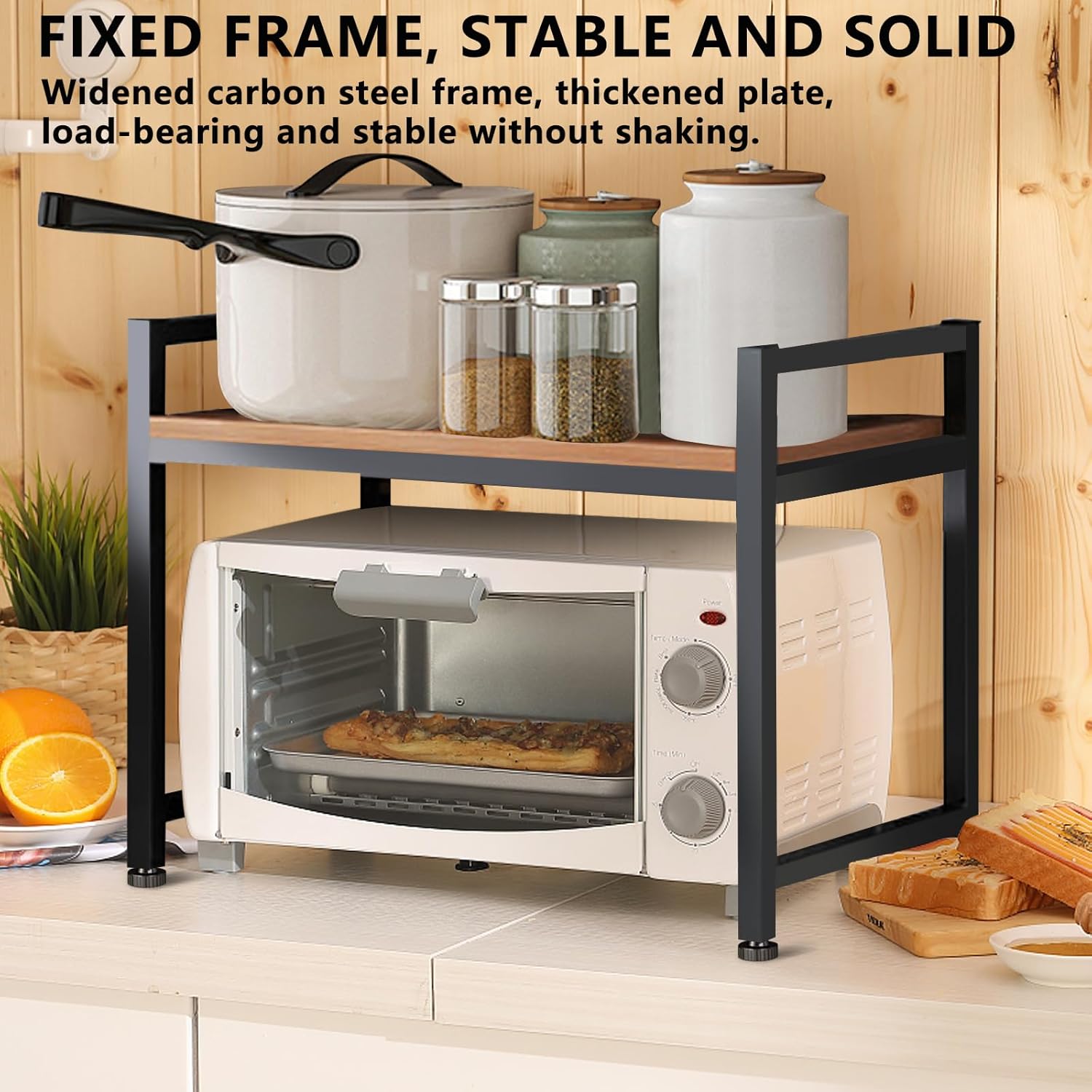 Microwave Stand, 2 Tier Microwave Shelf for Kitchen Shelving Countertop Organizer. Carbon Steel, Wood Panel, Sturdy and Not Shaking Kitchen Rack That Can Withstand 200 Lbs Weight
