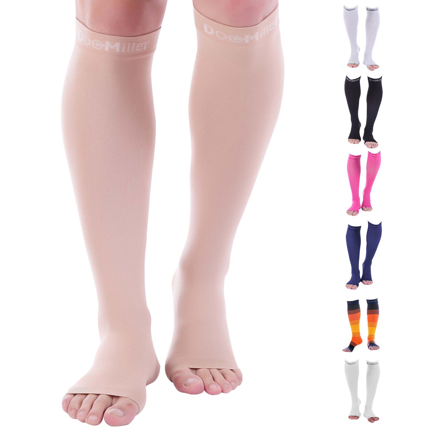 Doc Miller Open Toe Compression Socks for Men and Women, 15-20 mmHg, Calf Support Sleeves, Recovery Stockings, Wide Calf, Toeless Design, 1 Pair