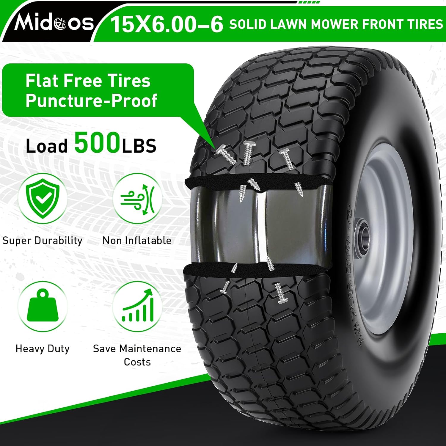 2pcs 15x6.00-6 Flat Free Tire And Wheel, 15x6-6 NHS Lawn Mower Tires With 3" Centered Hub For John Deere/Husqvarna/Craftsman Riding Mower, Lawn Tractor, With 3/4"& 5/8" & 1" Bearings