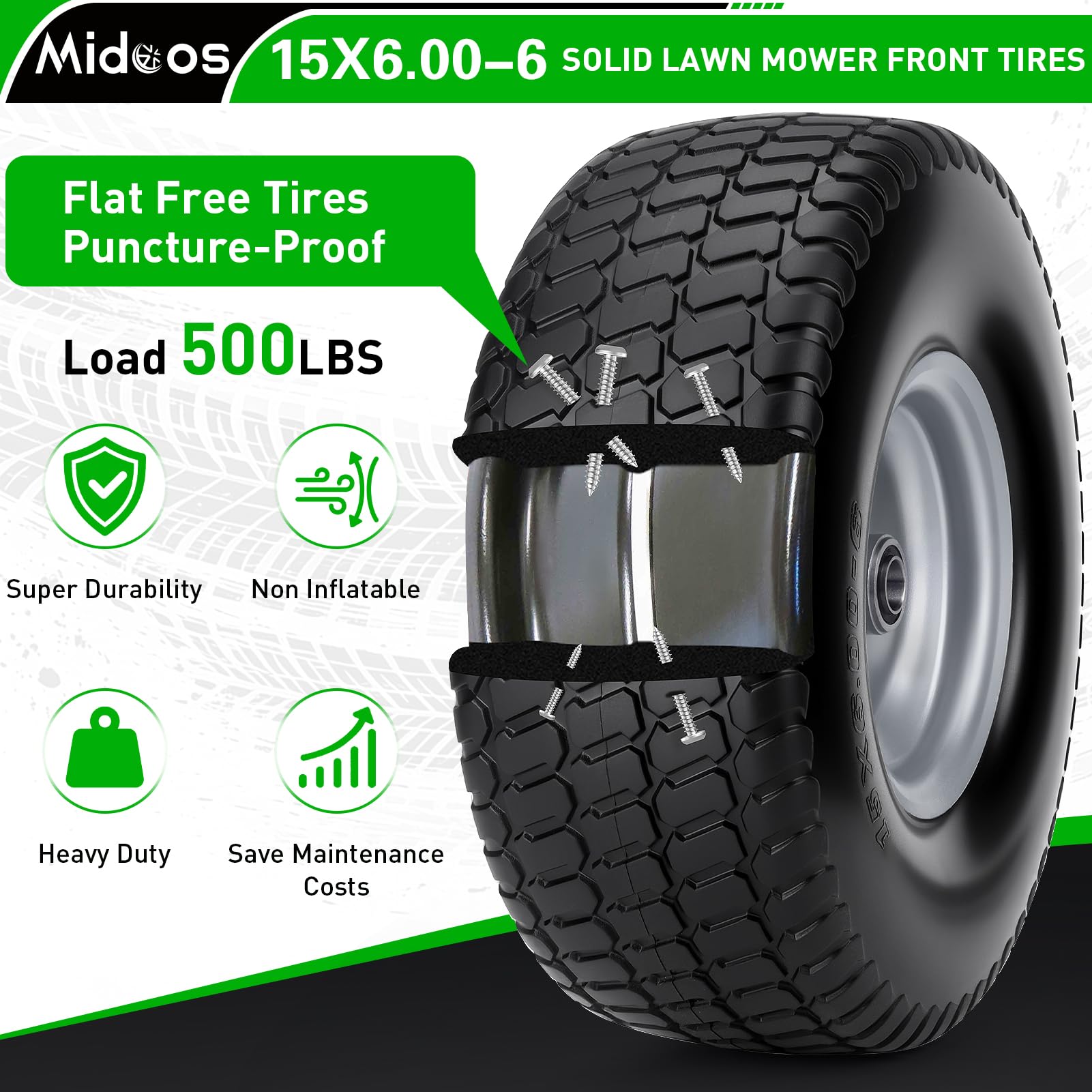 2 neumáticos y ruedas planas de 15 x 6.00-6, neumáticos de cortacésped NHS de 15 x 6-6 con cubo centrado de 3 pulgadas para cortacésped John Deere/Husqvarna/Craftsman, tractor de césped, con