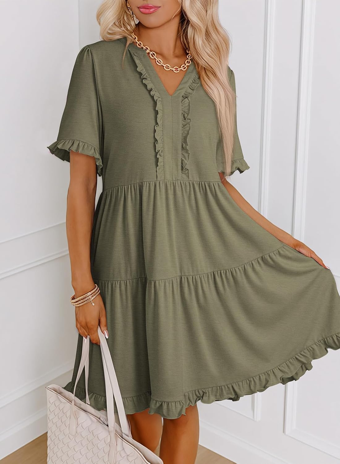 Dokotoo Womens Summer Dresses 2026 V Neck A Line Short Sleeve Casual Ruffle Babydoll Mini Dress