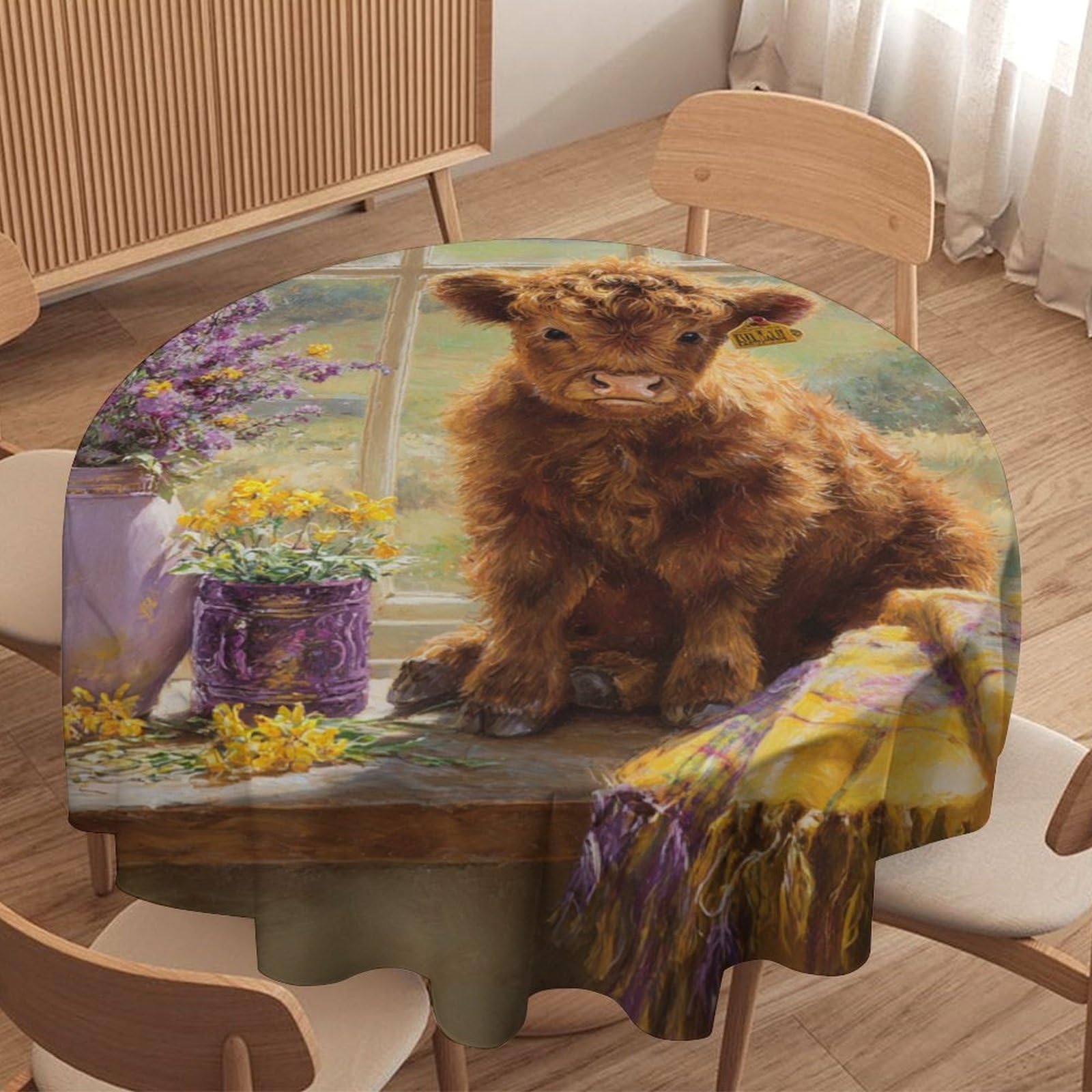 LUYYSKY Classic Cute Highland Cow Round Tablecloth Beautiful Abstract Farm Plants Floral Animals Highland Cow Pattern Washable Decor for Table Cover for Kitchen-177.8" Wx177.8 L cm
