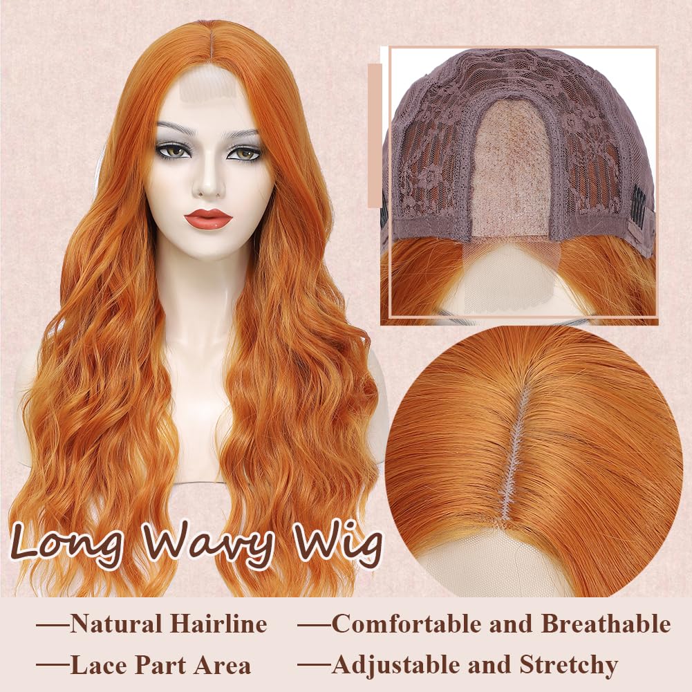 Colorful Queen Ginger Wig 26 Inch Long Wavy Orange Wigs for Women Body Wave Synthetic Lace Wig for Cosplay Daily Party Use