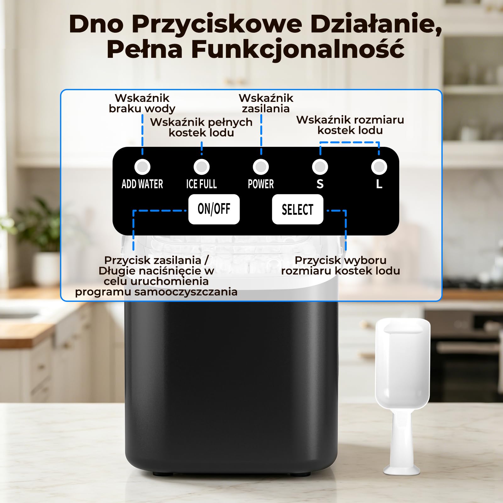 Maszyna do Lodu 12KG/24H, Samoczyszczenie, Zbiornik 1.2L, 2 Rozmiary Kostek Lodu (S/L), Wskaźniki Pełny Pojemnik & Brak Wody, Kompaktowa do Kuchni/Biura/Imprez, Czarny