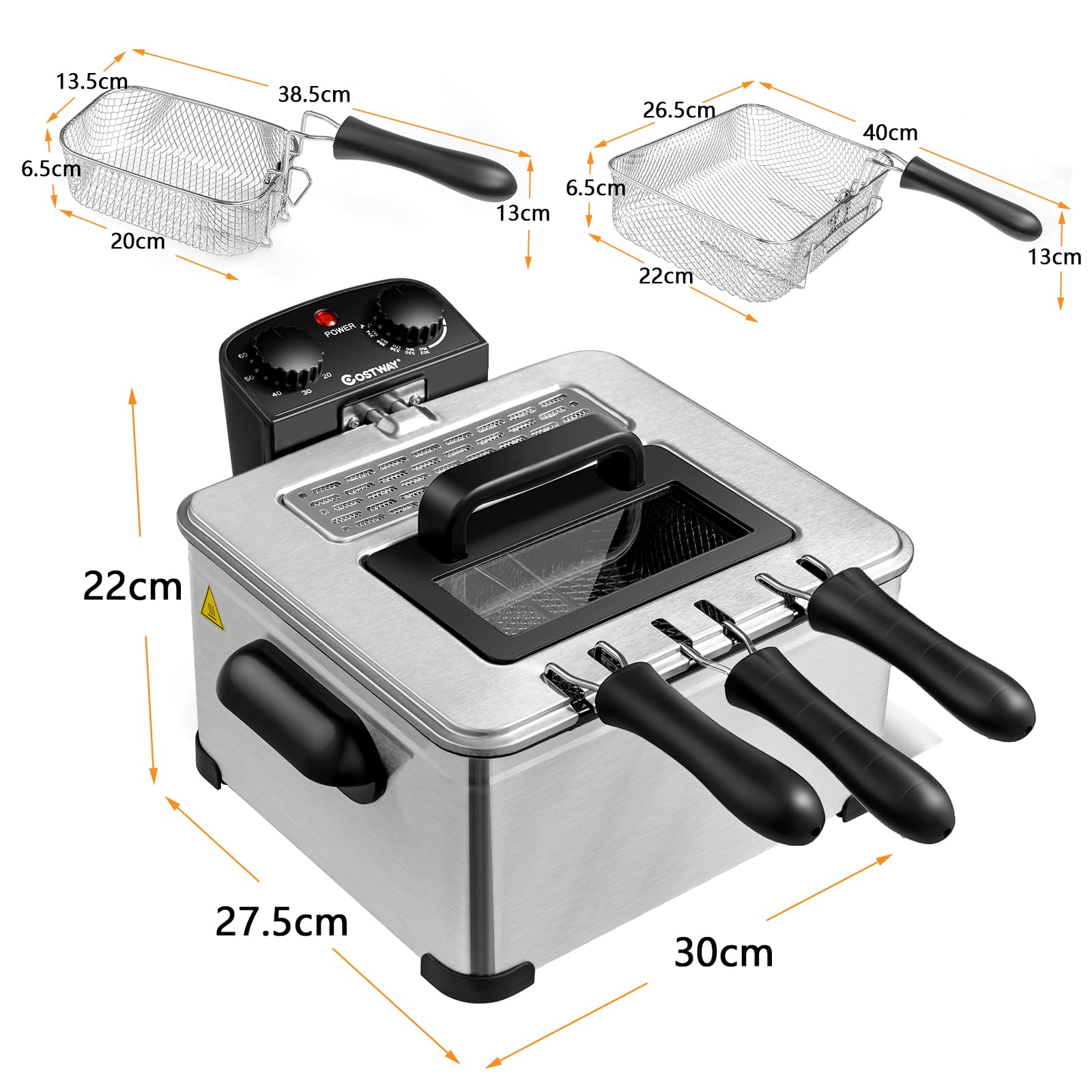 COSTWAY Freidora Aceite de 1700W con 3 Cestas, 5L, Acero Inoxidable