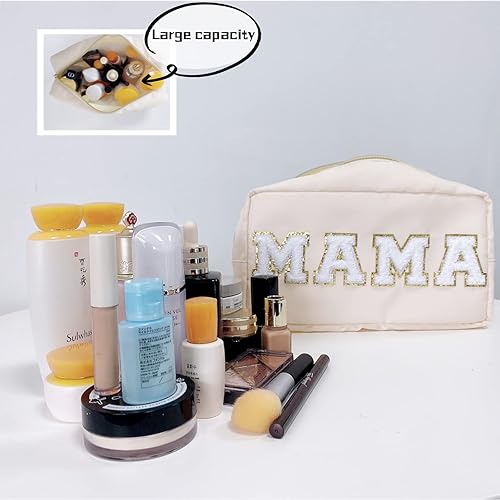Miniatura 3 de Bolsa con letras de chenilla, bolsa de cosméticos de nailon con parche universitario, bolsa de maquillaje, bolsa de regalo de dama de honor, bolsa