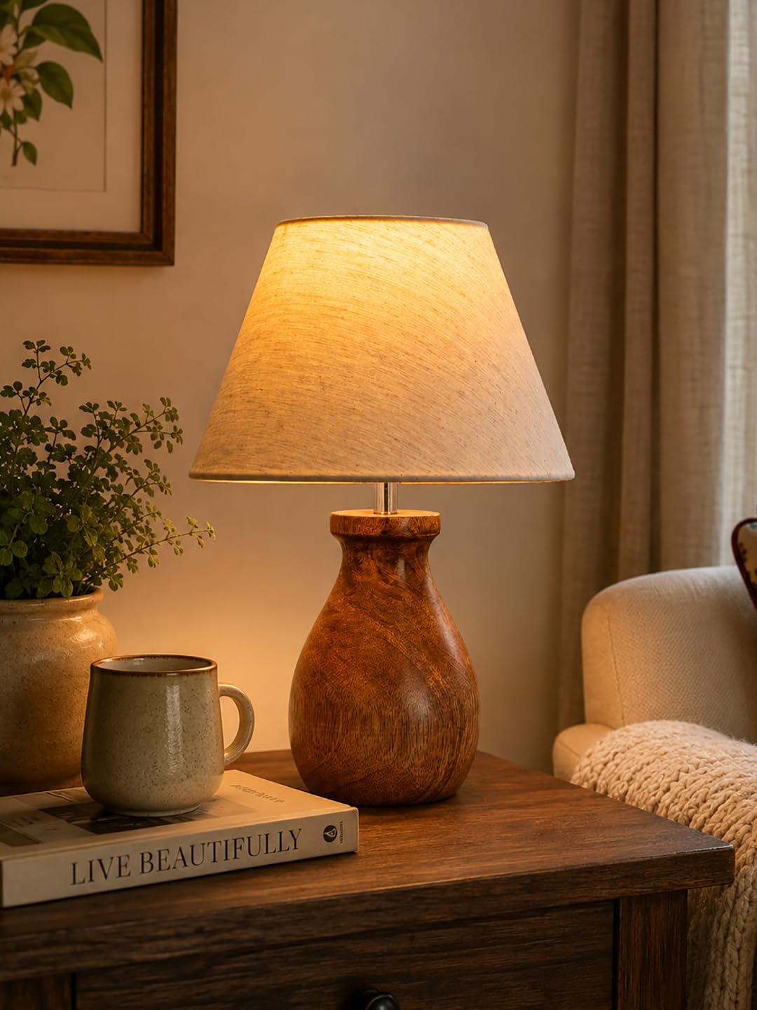 BloomCraft Solid Table Lamp with Fabric Shade & Wooden Base | E27 Bedside Lamp for Bedroom, Living Room & Study | Decorative Night Light for Home Décor (Bulb Not Included) (Beige)-image-39