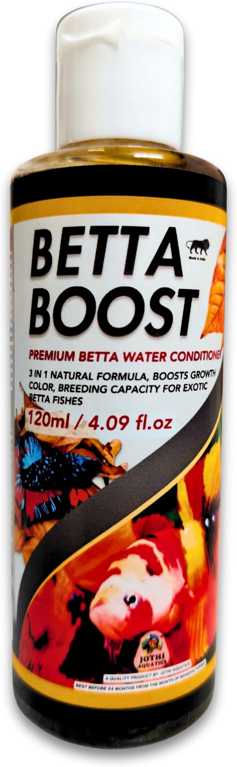 Jothi Aquatics Betta Boost Natural Aquarium Water Conditioner, Supplement & Medicine 120ml for Betta Fish Tank | Anti-Bacterial, pH Balance, Stress Heal, Growth, Breeding & Color Booster