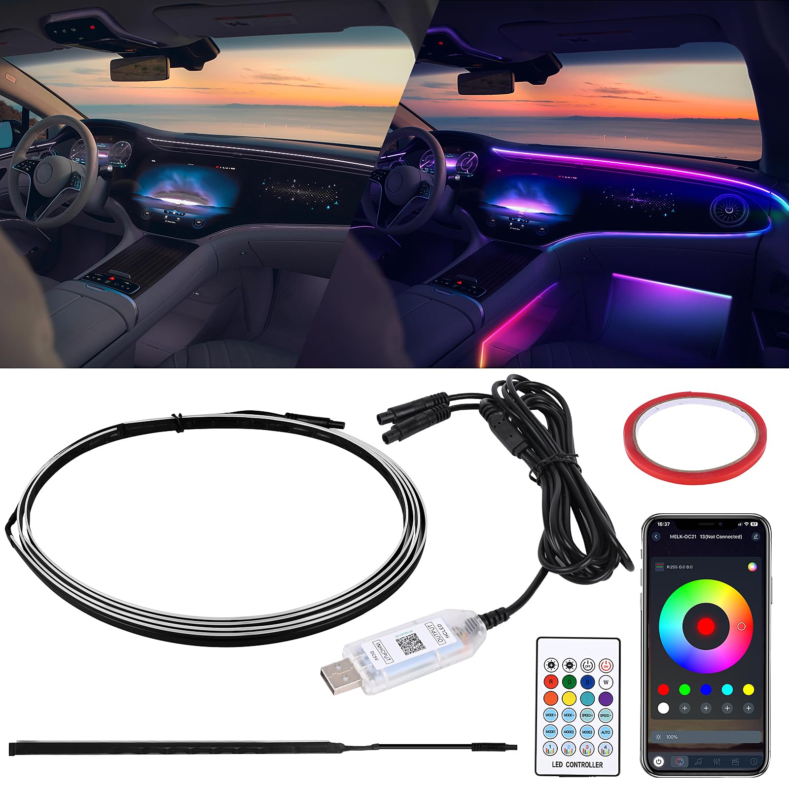 Weinsamkeit Iluminación LED Interior de Coche, RGB Tira Luz de Ambiente Coche Acrílica con 160 LEDs y 3 Métodos de Control Iluminación Interior USB Ambiente Interior Neón Tira de Luces para Coche