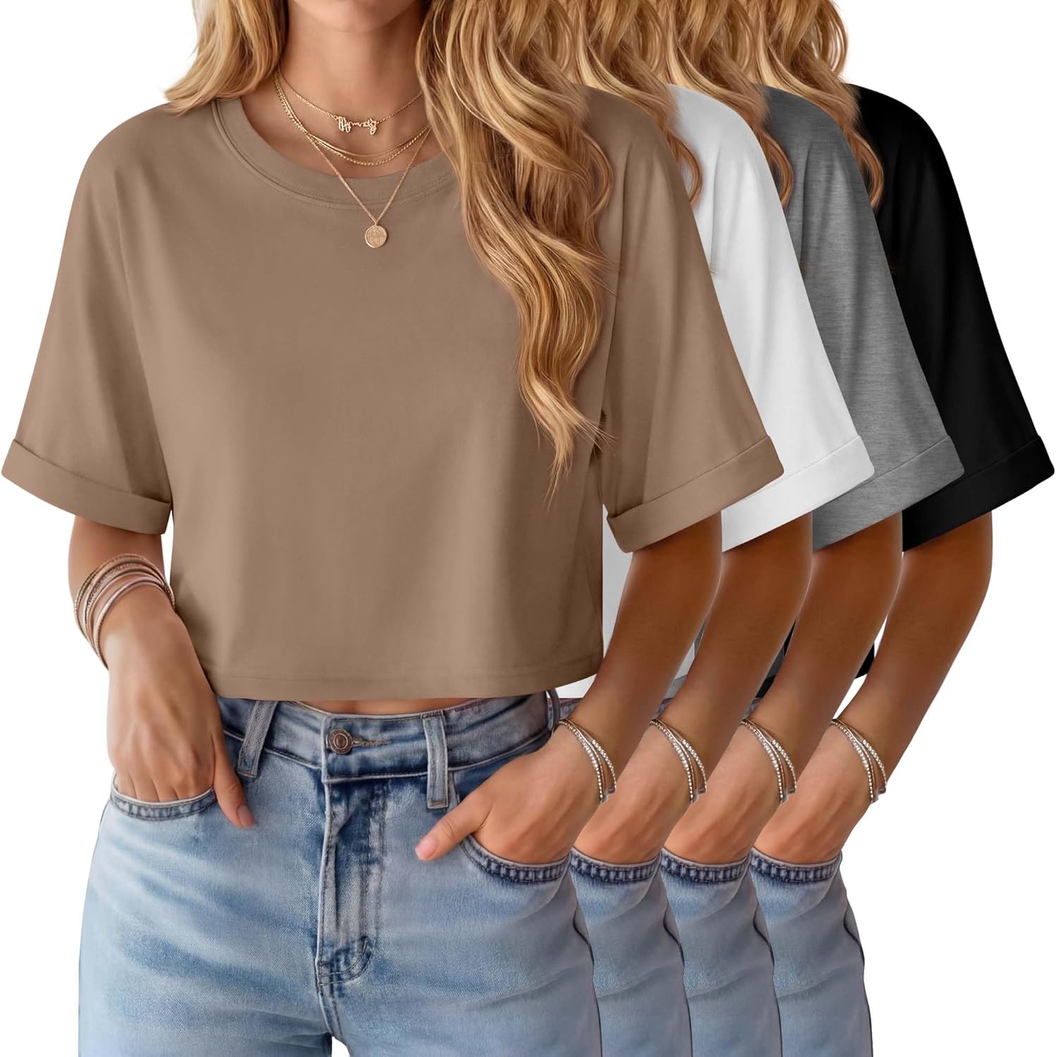 4 Pack Women's Crop Tops Oversized T Shirt Half Sleeve Summer Tees Casual Loose Fit Crew Neck Basic Shirts