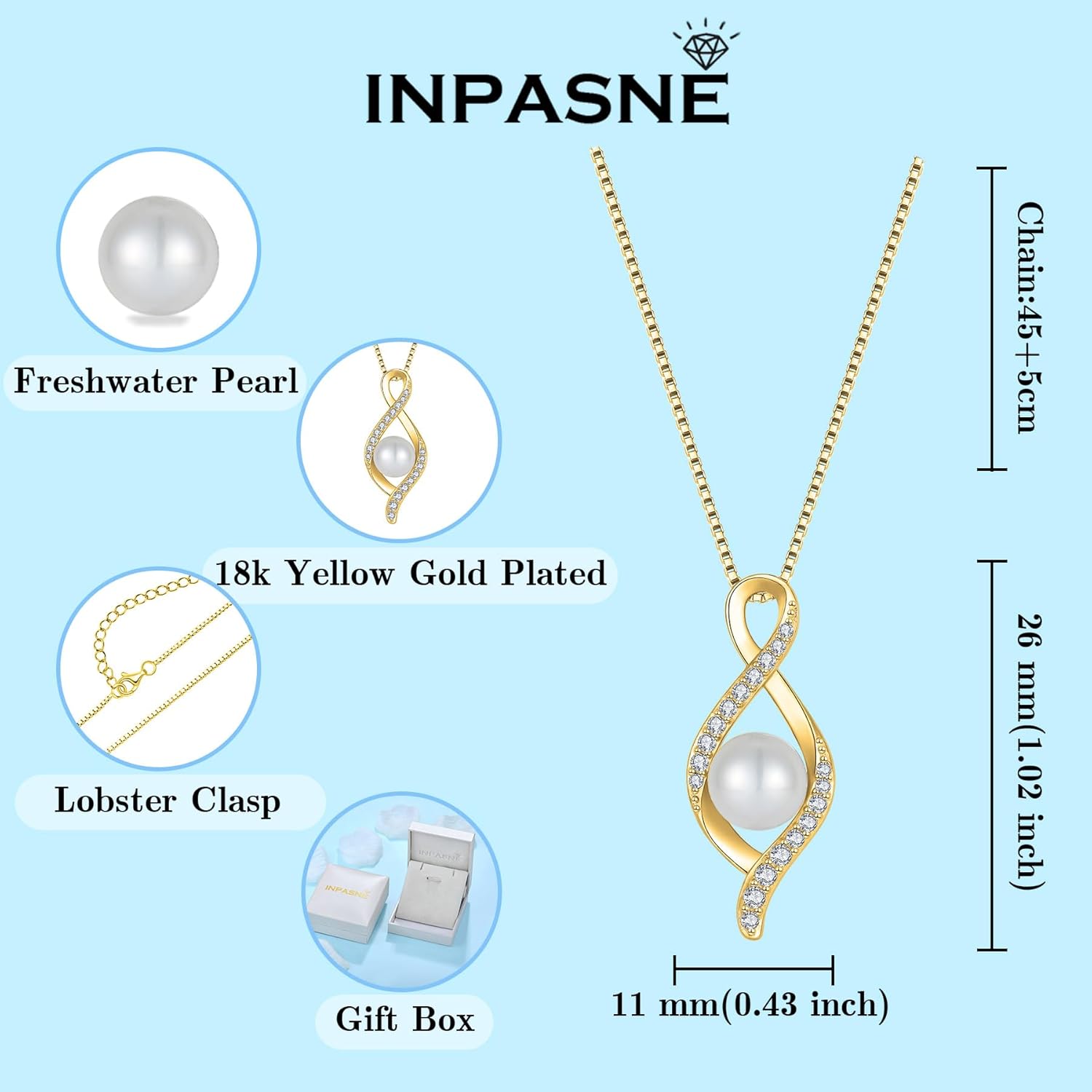 Inpasne 18K Yellow Gold Plated Freshwater Pearl Jewelry Set for Women 925 Sterling Silver Infinity Pearl Necklace and Dangle Drop Leverback Earrings Set - Image 6
