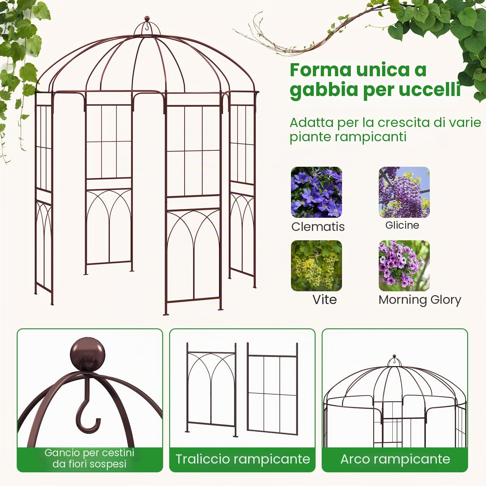 HOMASIS Pavillon per rose in metallo, arco per giardino con ganci e tetto, pergolato per piante rampicanti, pergola da giardino per matrimoni (211x211x256cm, bronzo)