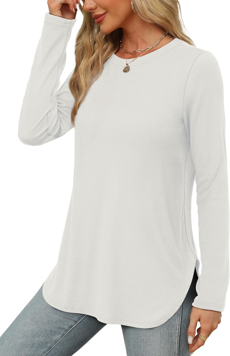 XIEERDUO Womens Long Sleeve Round Neck Shirts Side Split Basic Loose Tunic Tops Casual 2025 - Image 3