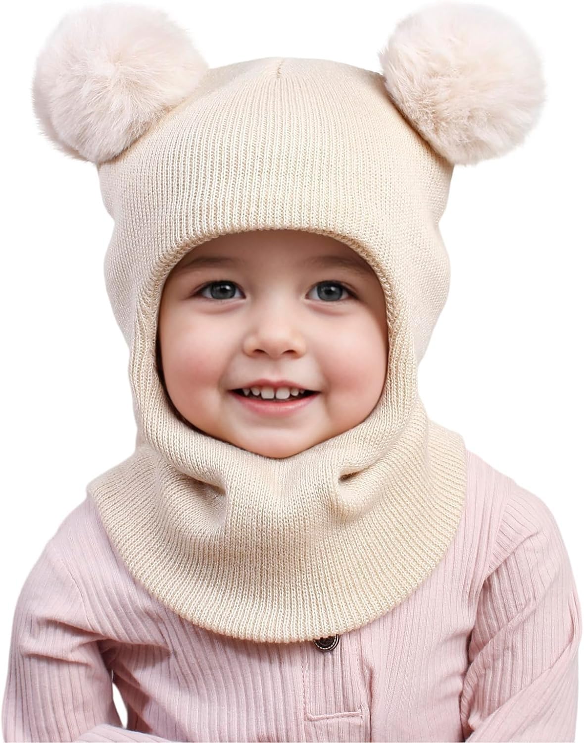 Dreshow Girls 1 Pc: 08-Beige Kids Winter Warm Hat Scarf Baby Earflap Beanies Hood Pom Pom Toddler Hat Windproof Balaclava Kids 1-6 Years