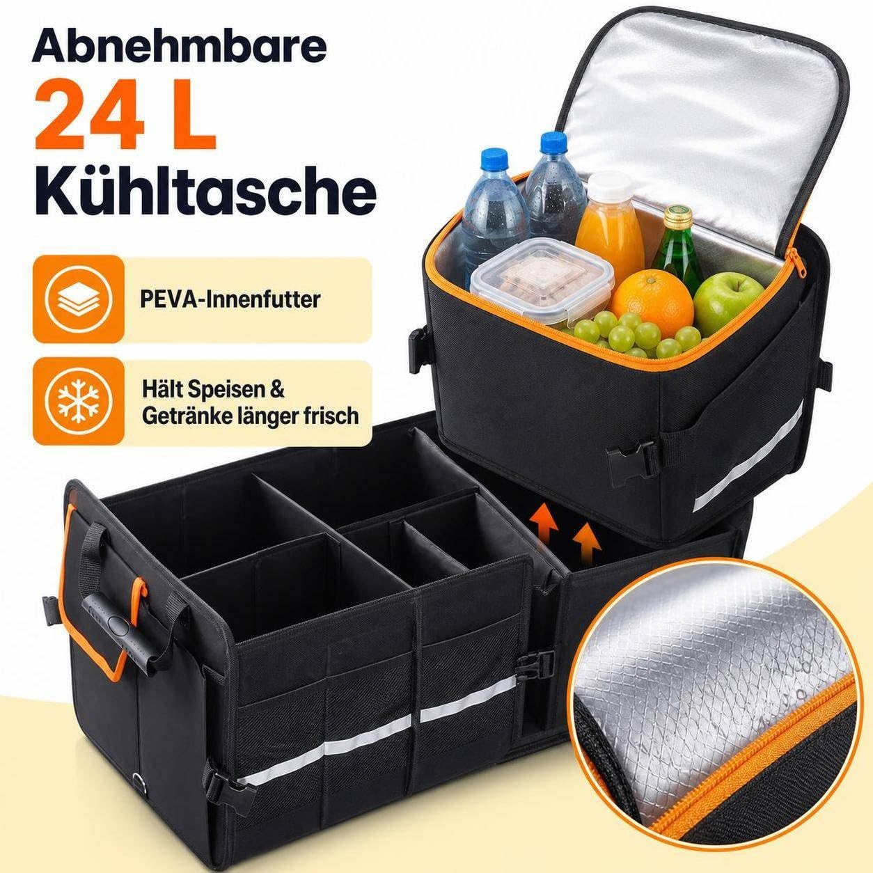 DGSL Organizer per bagagliaio, 92 l, con borsa termica da 24 l e coperchio