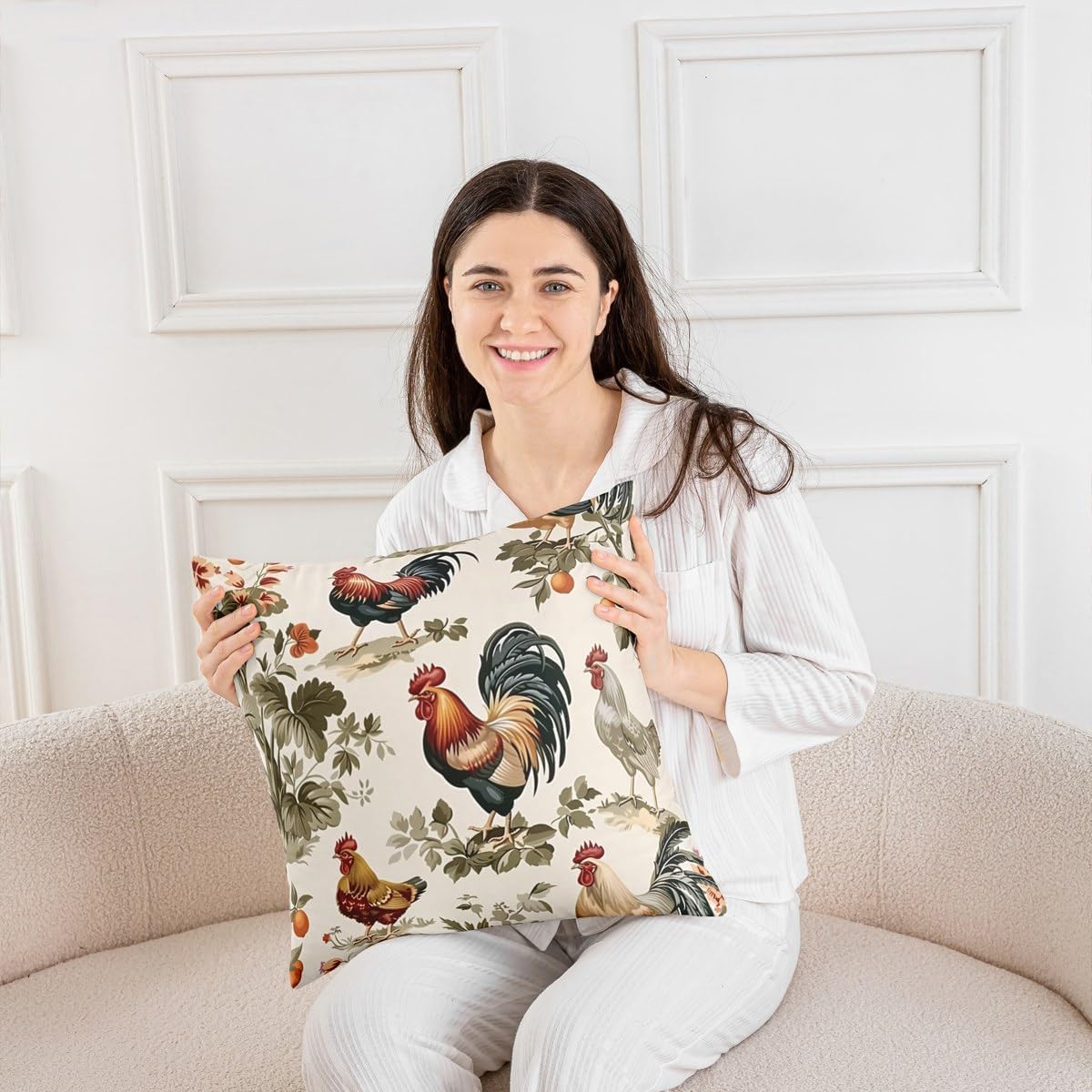Erosebridal Rooster Decorative Square Pillowcase 24x24 Inch Cock Cushion Cover for Kids Girls Boys Farmhouse Flowers Branches Rustic Beige Green Cushion Case Soft Throw Pillow Cover